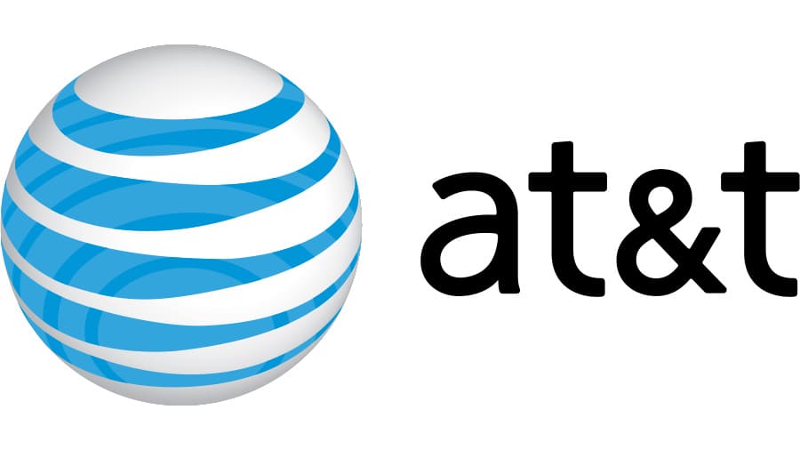 AT&T logo on a white background, representing telecommunications services.