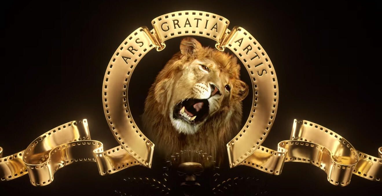 Quality lion logo with gold film reel accents for branding and entertainment projects.