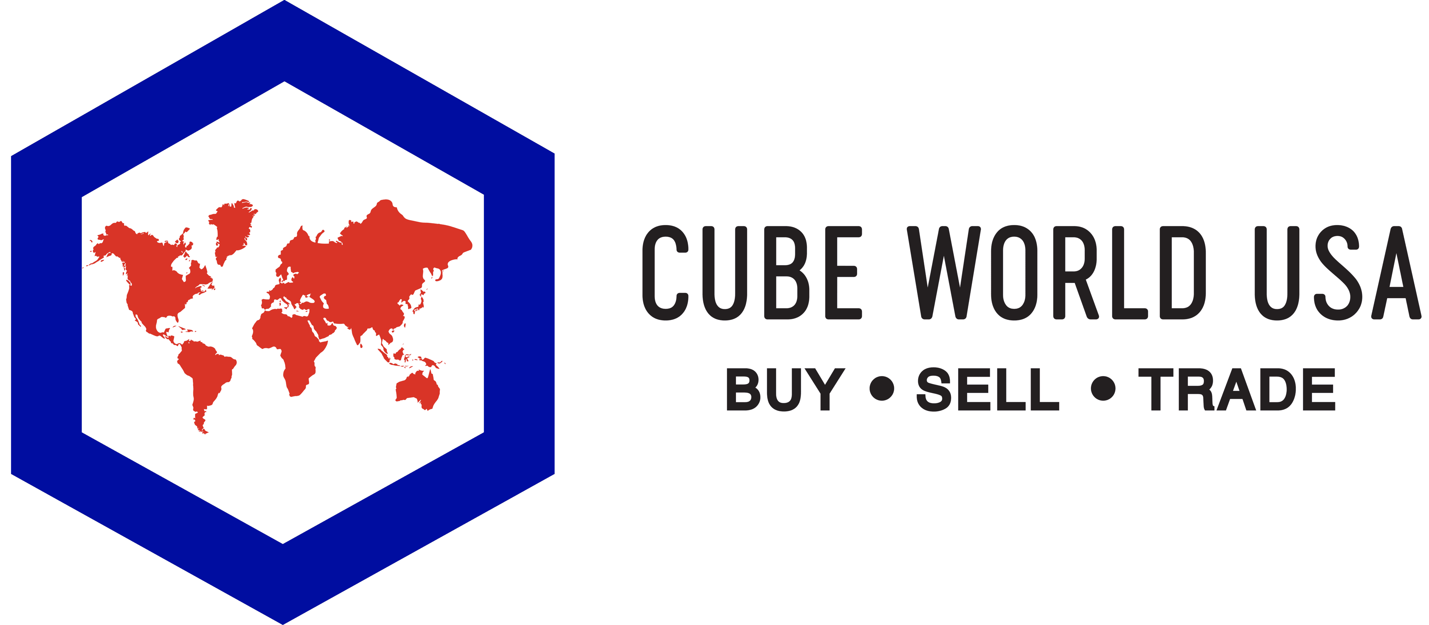 Cube World USA logo with world map and hexagon design.