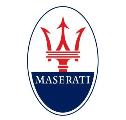 Maserati emblem logo with trident symbol, representing luxury and performance.