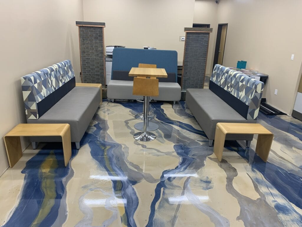Friendly modern seating arrangement with sustainable materials at Cube World USA.