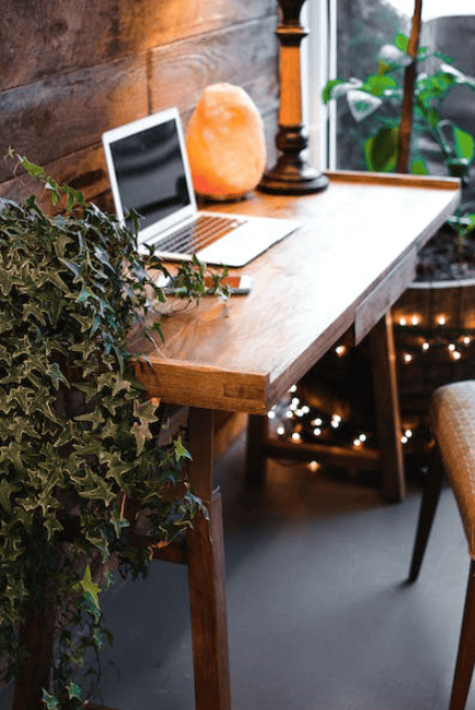 Sustainable workspace setup featuring eco-friendly furniture, greenery, and natural decor for a gree.