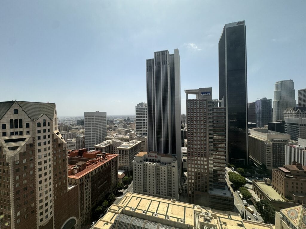 Urban cityscape with tall skyscrapers in downtown.
