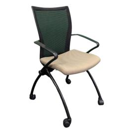 Ergonomic nesting chair with green mesh back and beige seat cushion for training rooms.