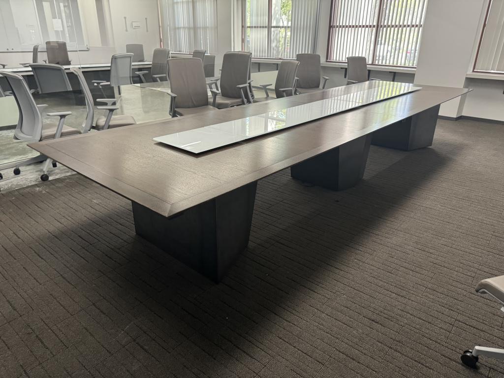 Elevate Your Modern Workplace with Our Veneer Espresso Electric and Glass Conference Table at Cube World USA