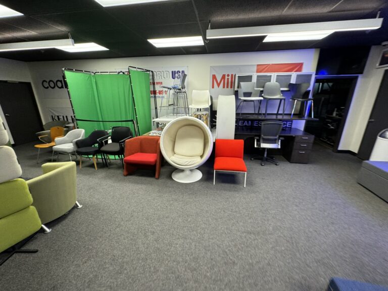 Office furniture rental with diverse seating options and creative setups.
