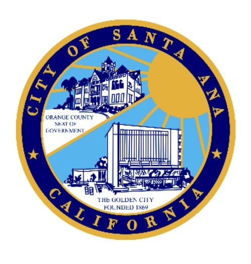 City of Santa Ana seal showcasing local government and landmarks.
