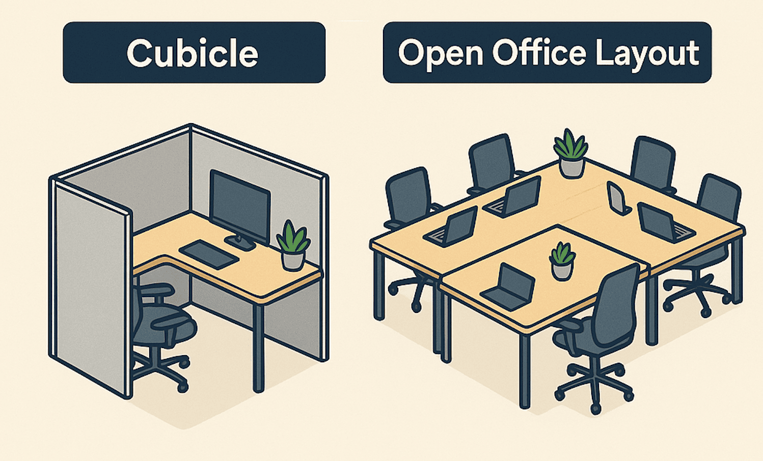 Workspace design comparison between cubicles and open office layouts for productivity.