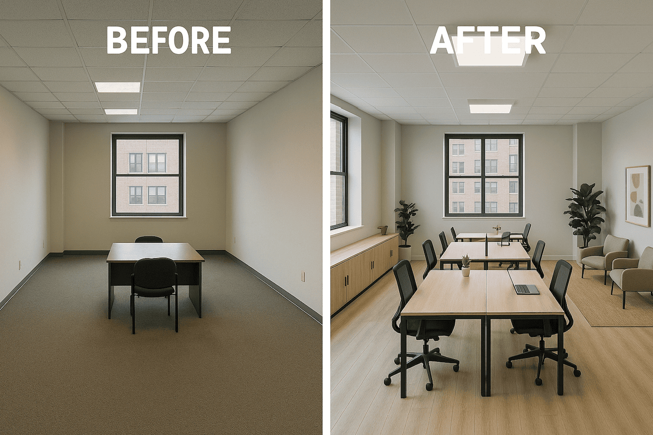 Office space transformation with new furniture and decor for Cubeworld USA.