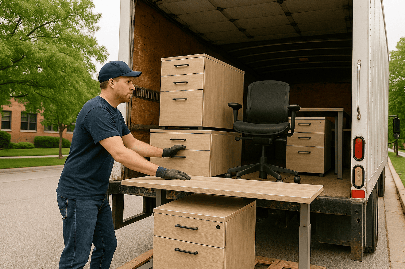 Office furniture delivery, assembly, and setup by Cube World USA.
