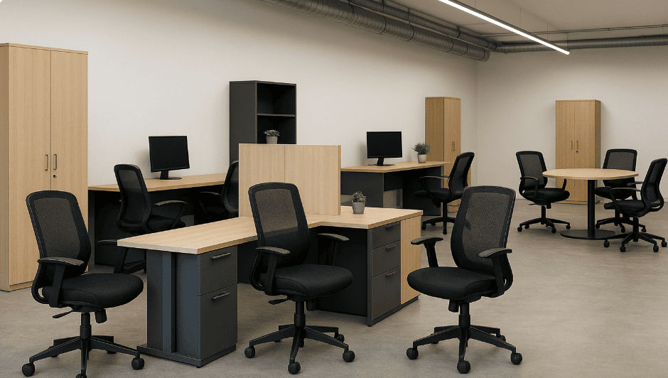 Contemporary office with ergonomic chairs and modular desks for productive workspaces.