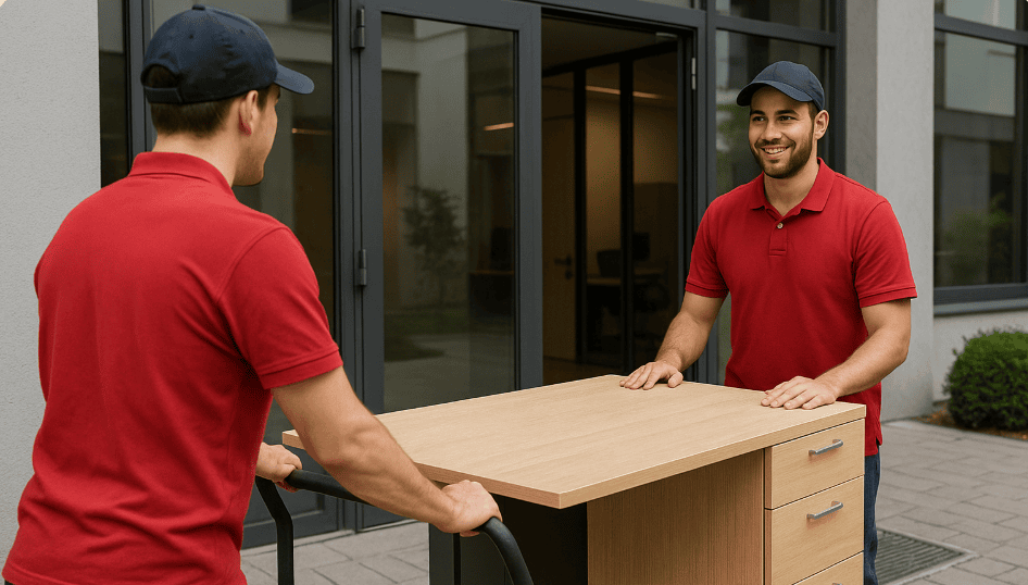 Two delivery workers in red uniforms moving a wooden desk outside a modern building.
