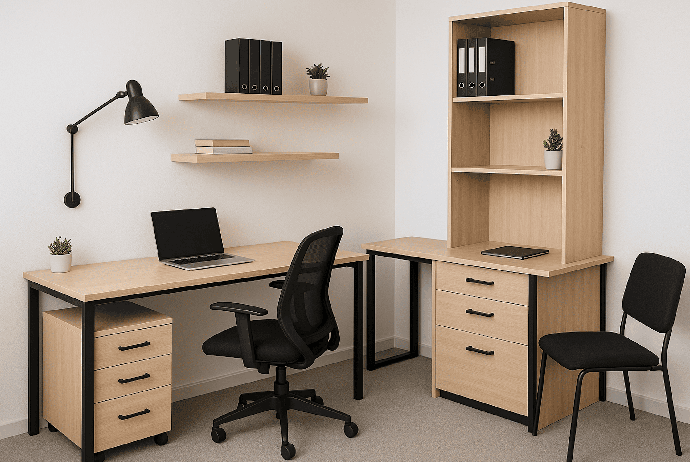 Compact office furniture with desk, shelves, and chairs for small business use.