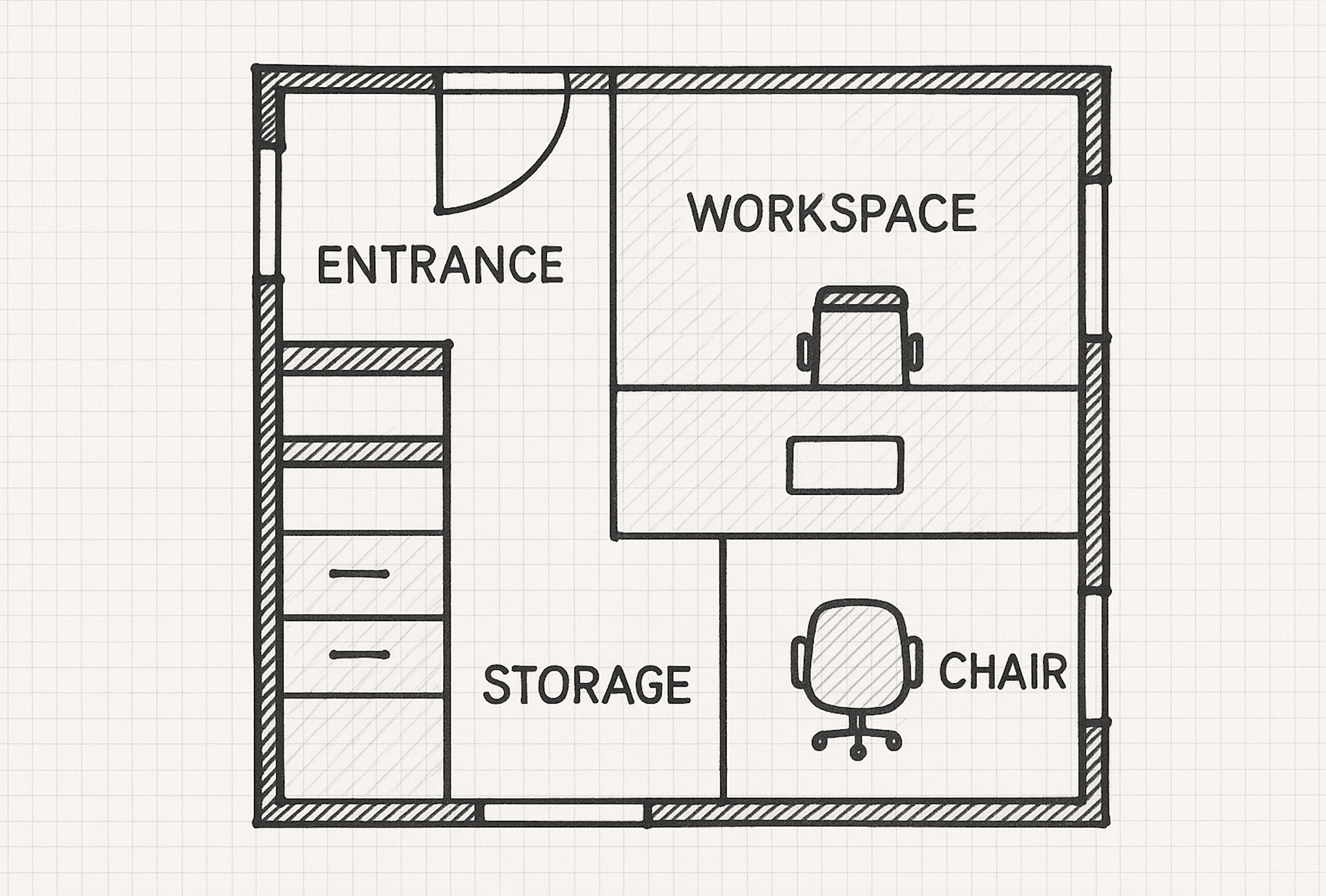 Efficient small office layout with workspace, storage, and seating solutions for maximizing space.