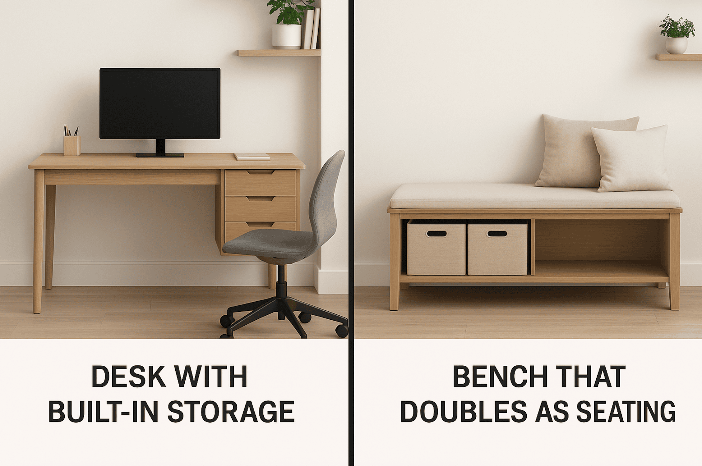 Desk with built-in storage and bench that doubles as seating for small office spaces.