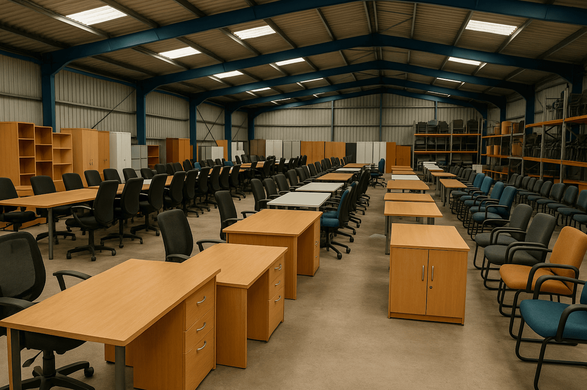 Office furniture liquidation warehouse for sustainable reuse.