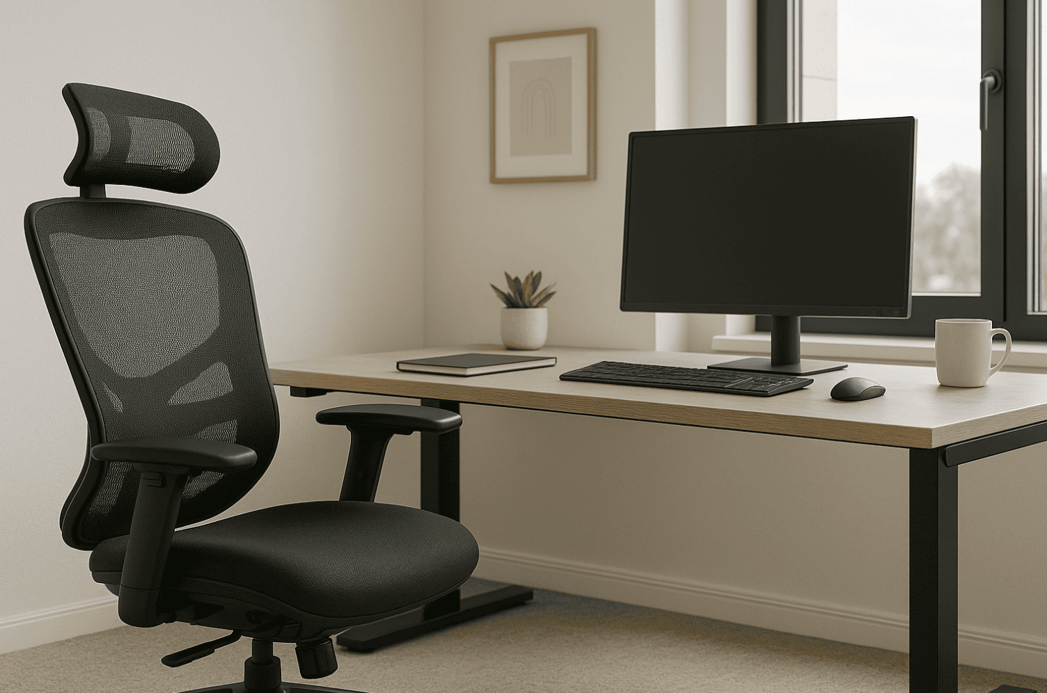 Ergonomic office chair with adjustable features in a modern workspace. Perfect for enhancing product.