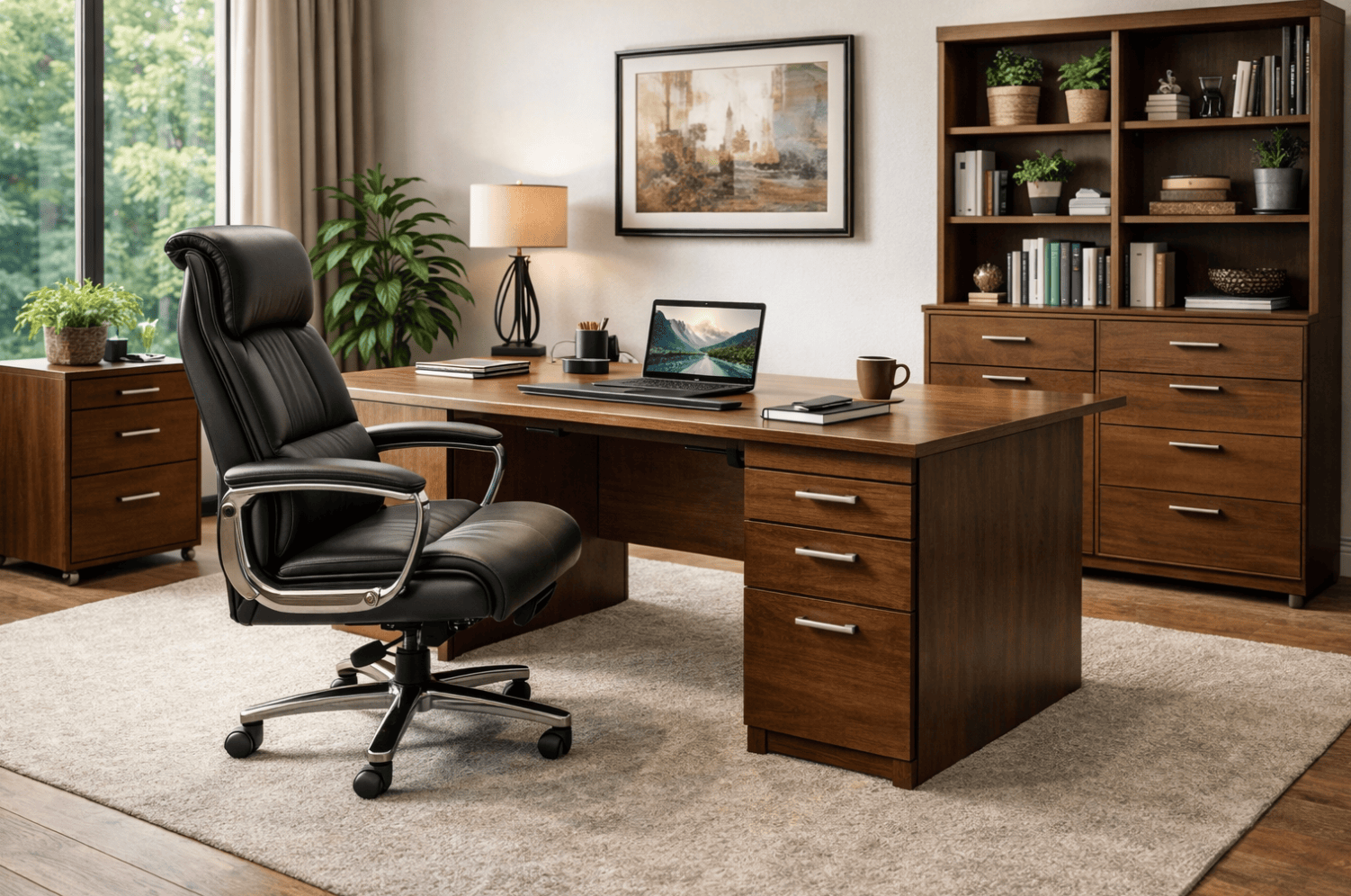 Elegant wooden desk and storage solutions for a productive office environment.