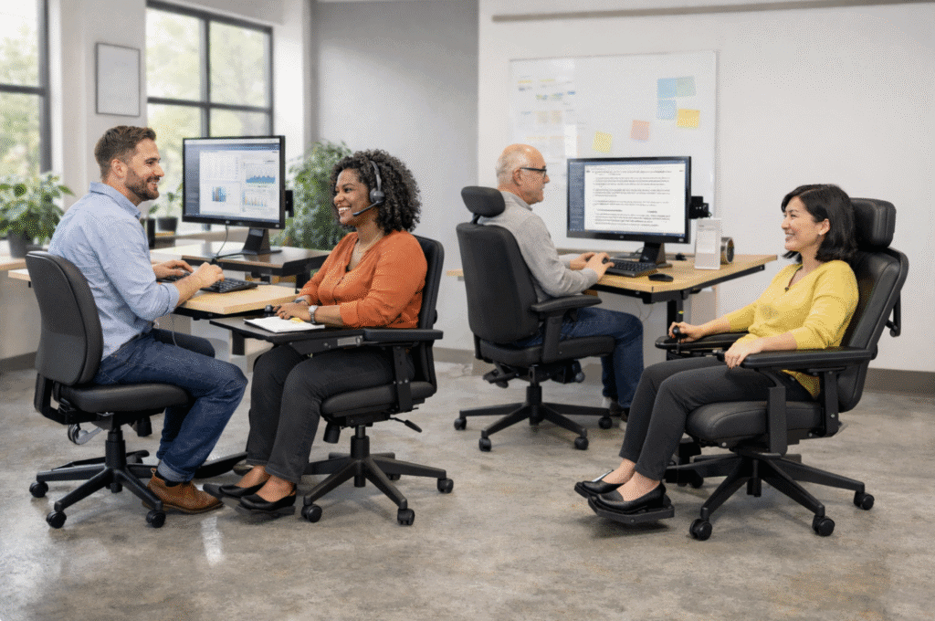Diverse team using ergonomic, accessible office furniture for inclusive work environments.