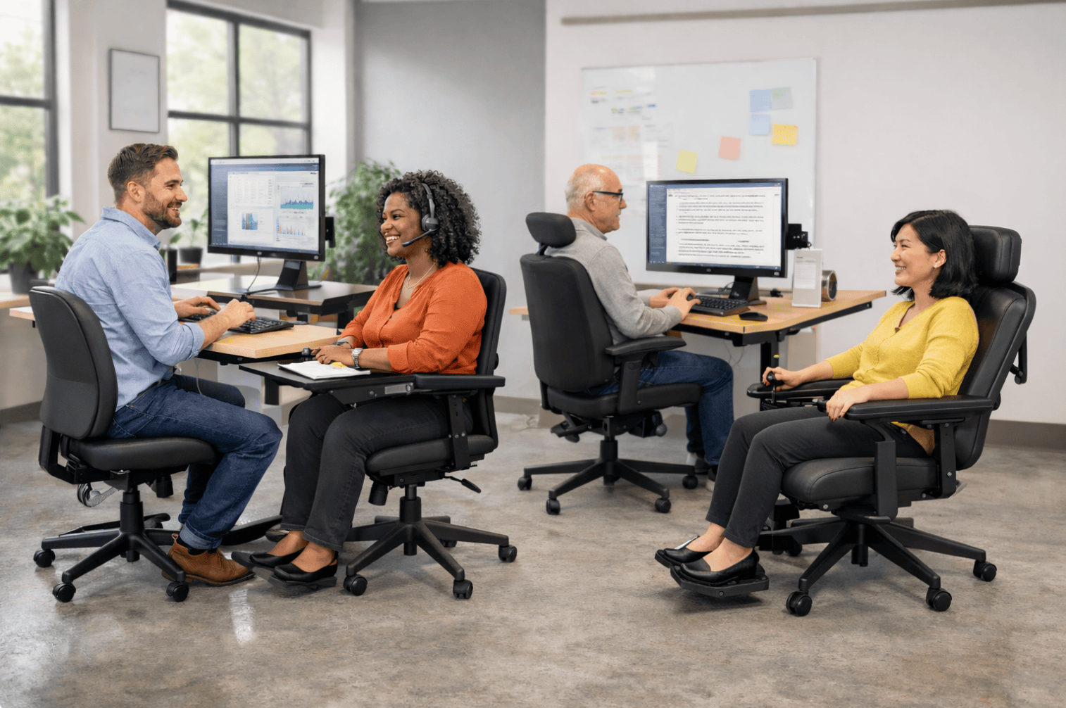 Diverse team using ergonomic, accessible office furniture for inclusive work environments.